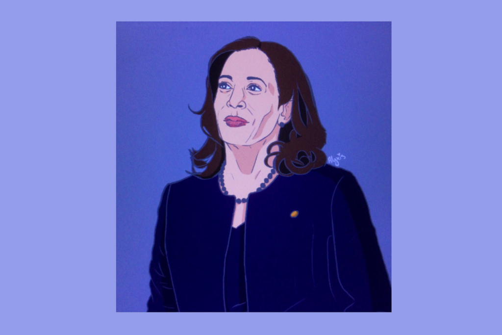Illustration of Kamala Harris with a blue and purple background.
