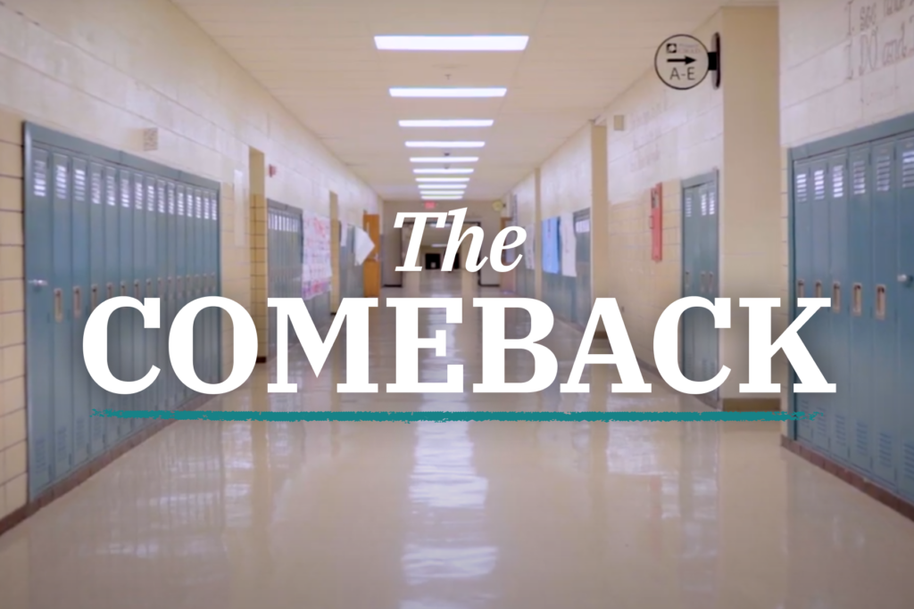 Image of an empty hallway overlaid with text reading "The COMEBACK"